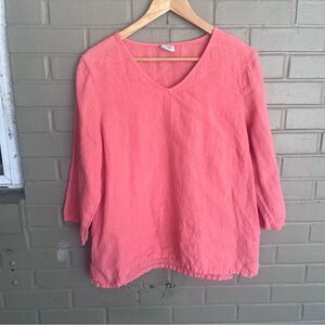 Et'Lois 100% Linen Coral V-Neck 3/4 Long Sleeve Shirt Lagenlook S Minimalist
